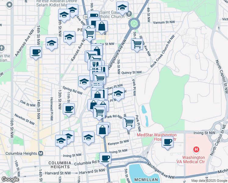 map of restaurants, bars, coffee shops, grocery stores, and more near 721 Princeton Place Northwest in Washington