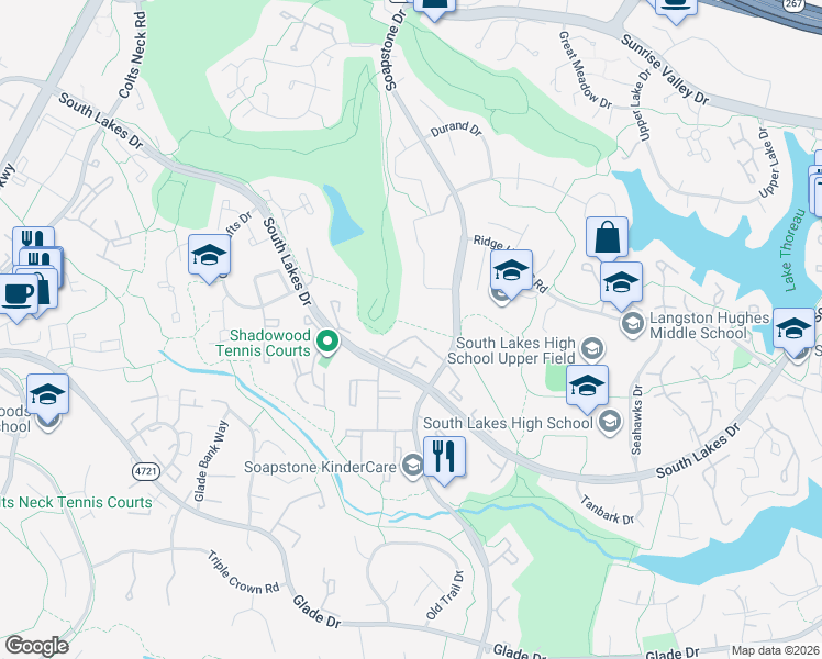 map of restaurants, bars, coffee shops, grocery stores, and more near 2116 Green Watch Way in Reston
