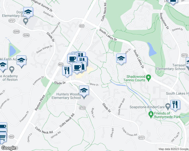 map of restaurants, bars, coffee shops, grocery stores, and more near 11814 Breton Court in Reston