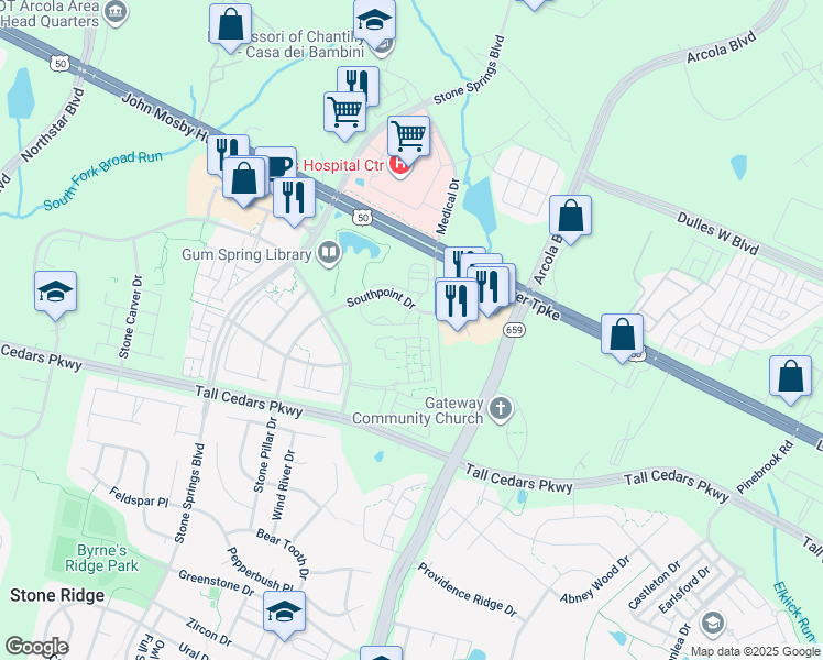 map of restaurants, bars, coffee shops, grocery stores, and more near 42277 Canary Grass Square in Aldie