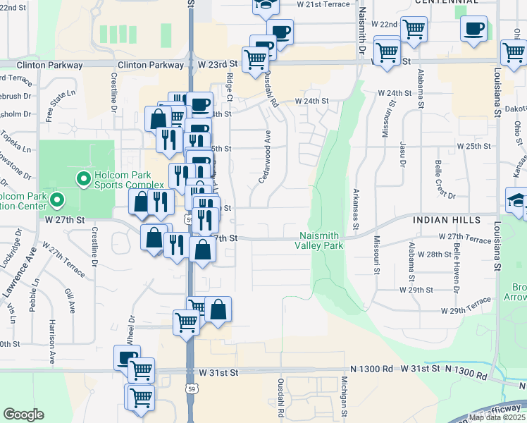 map of restaurants, bars, coffee shops, grocery stores, and more near 1609 West 26th Street in Lawrence
