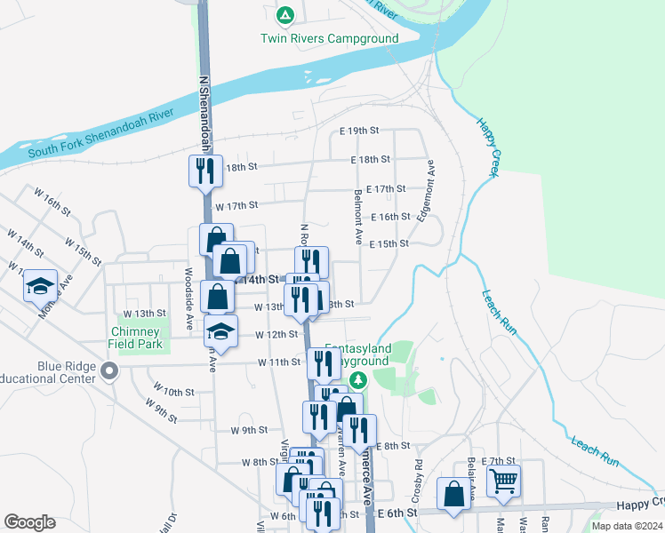 map of restaurants, bars, coffee shops, grocery stores, and more near 1336 Warren Avenue in Front Royal