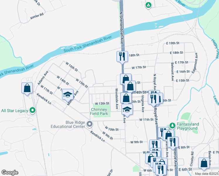 map of restaurants, bars, coffee shops, grocery stores, and more near 424 West 15th Street in Front Royal