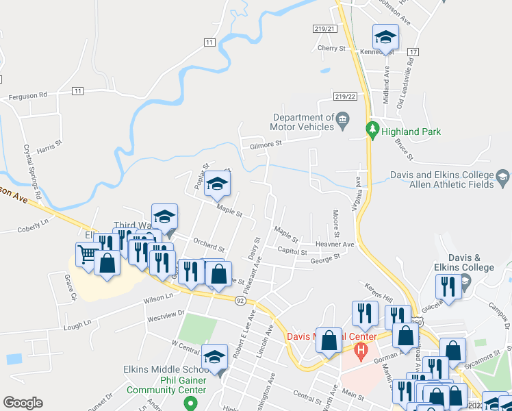 map of restaurants, bars, coffee shops, grocery stores, and more near 420 Baker Street in Elkins