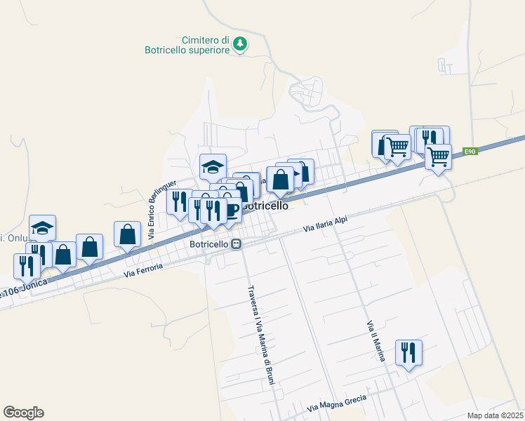 map of restaurants, bars, coffee shops, grocery stores, and more near 1 Via Bologna in Botricello