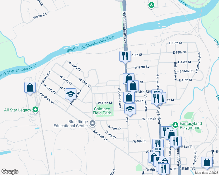 map of restaurants, bars, coffee shops, grocery stores, and more near 432 West 15th Street in Front Royal