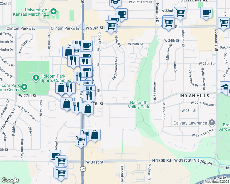 map of restaurants, bars, coffee shops, grocery stores, and more near 1609 West 26th Street in Lawrence