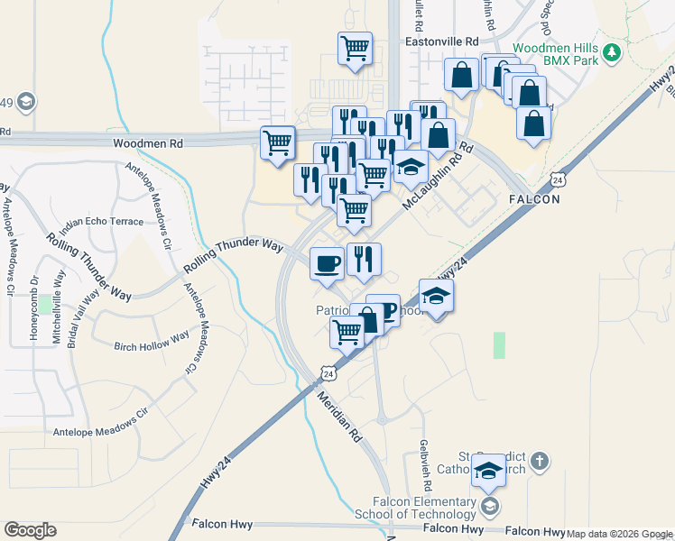 map of restaurants, bars, coffee shops, grocery stores, and more near 7115 McLaughlin Road in Peyton