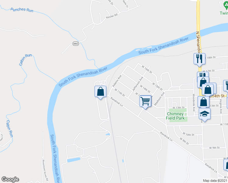 map of restaurants, bars, coffee shops, grocery stores, and more near 850 West 11th Street in Front Royal