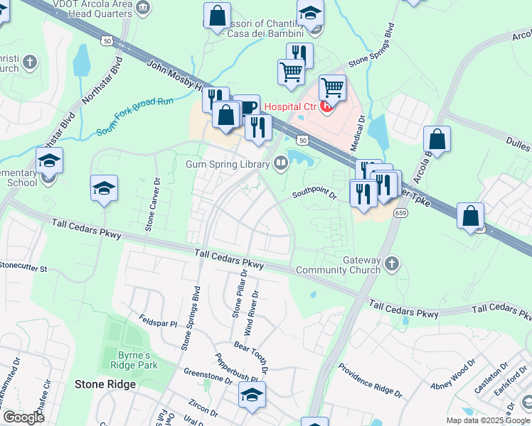 map of restaurants, bars, coffee shops, grocery stores, and more near 24649 Kings Canyon Square in Aldie