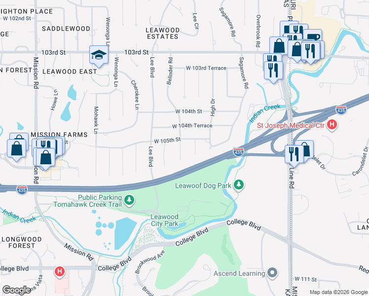 map of restaurants, bars, coffee shops, grocery stores, and more near 10508 Meadow Lane in Leawood