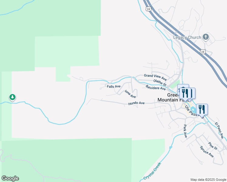 map of restaurants, bars, coffee shops, grocery stores, and more near 11085 Falls Avenue in Green Mountain Falls