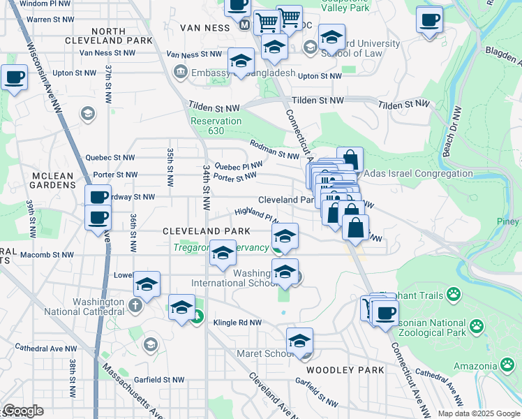 map of restaurants, bars, coffee shops, grocery stores, and more near 3155 Highland Place Northwest in Washington