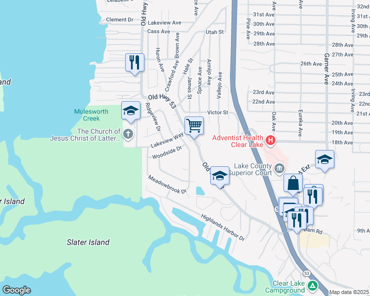 map of restaurants, bars, coffee shops, grocery stores, and more near 15185 Woodside Drive in Clearlake
