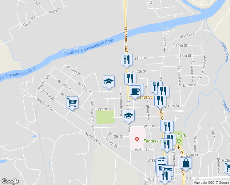 map of restaurants, bars, coffee shops, grocery stores, and more near 418 West 15th Street in Front Royal