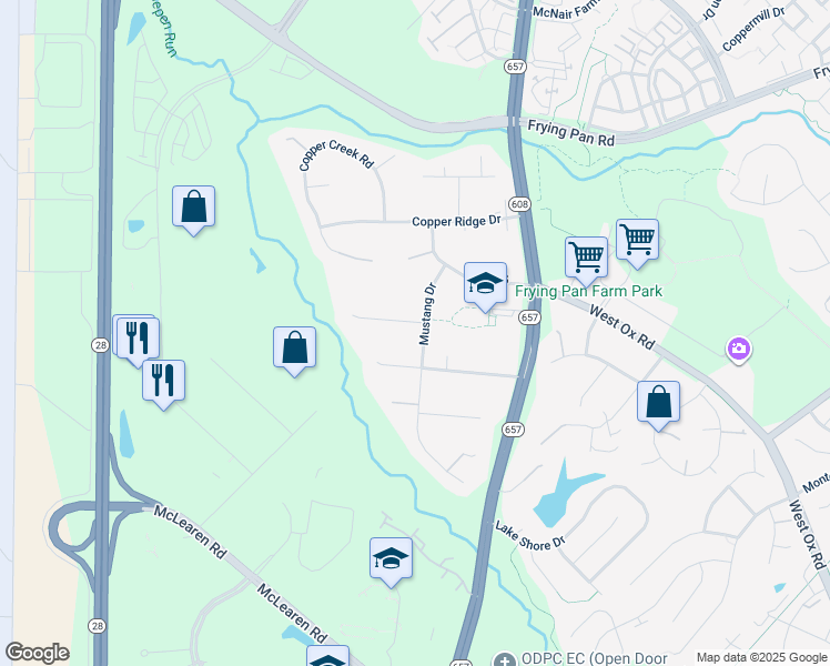 map of restaurants, bars, coffee shops, grocery stores, and more near 2726 Mustang Drive in Herndon