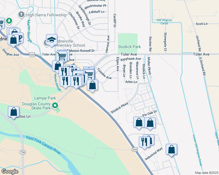 map of restaurants, bars, coffee shops, grocery stores, and more near 1386 Village Way in Gardnerville