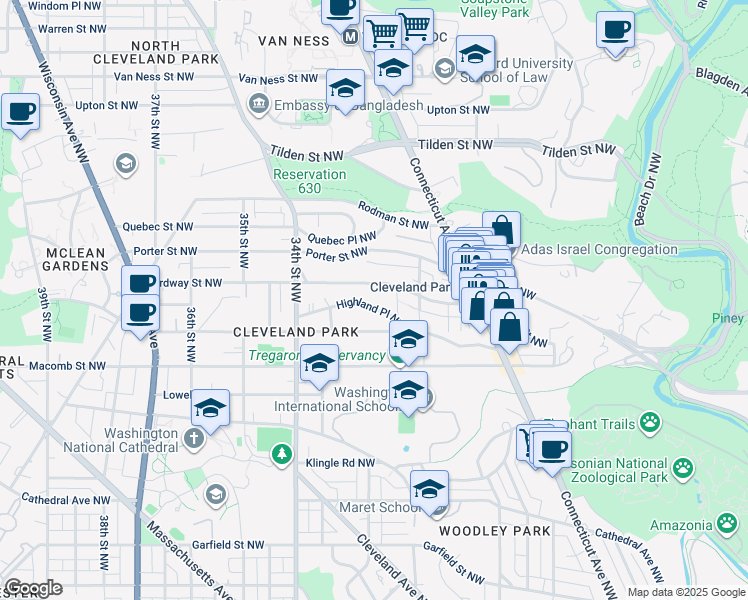map of restaurants, bars, coffee shops, grocery stores, and more near 3155 Highland Place Northwest in Washington