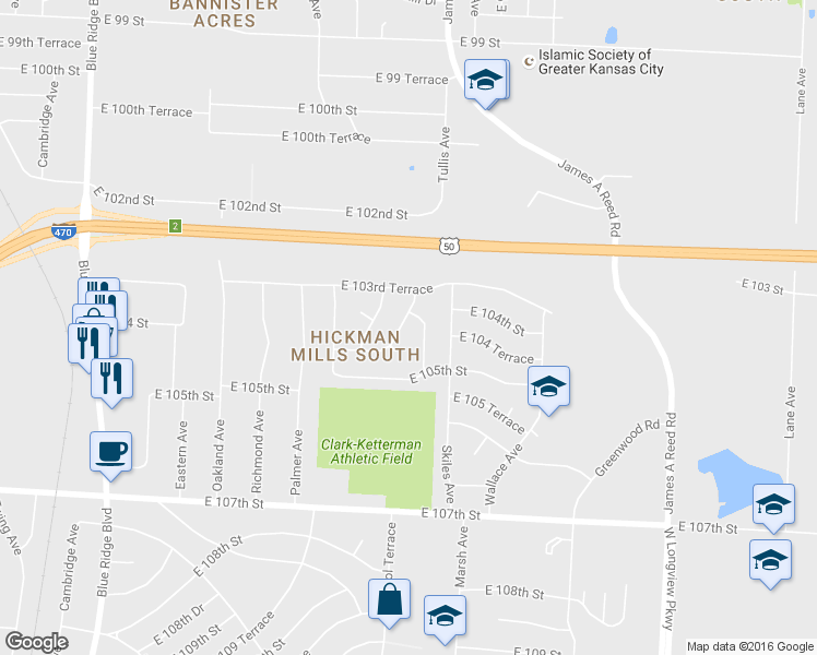 map of restaurants, bars, coffee shops, grocery stores, and more near 10404 Tullis Avenue in Kansas City