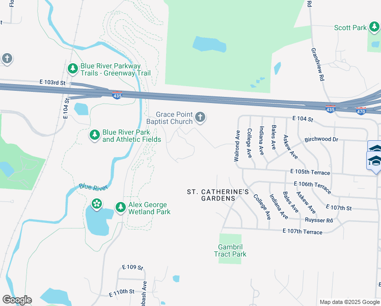 map of restaurants, bars, coffee shops, grocery stores, and more near 10425 Chestnut Avenue in Kansas City