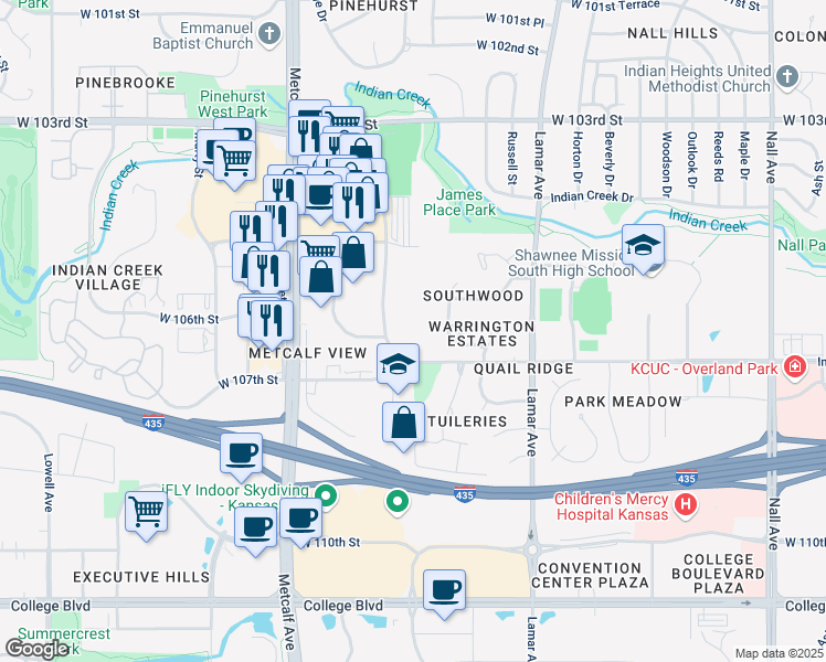 map of restaurants, bars, coffee shops, grocery stores, and more near 10665 Barkley Street in Overland Park
