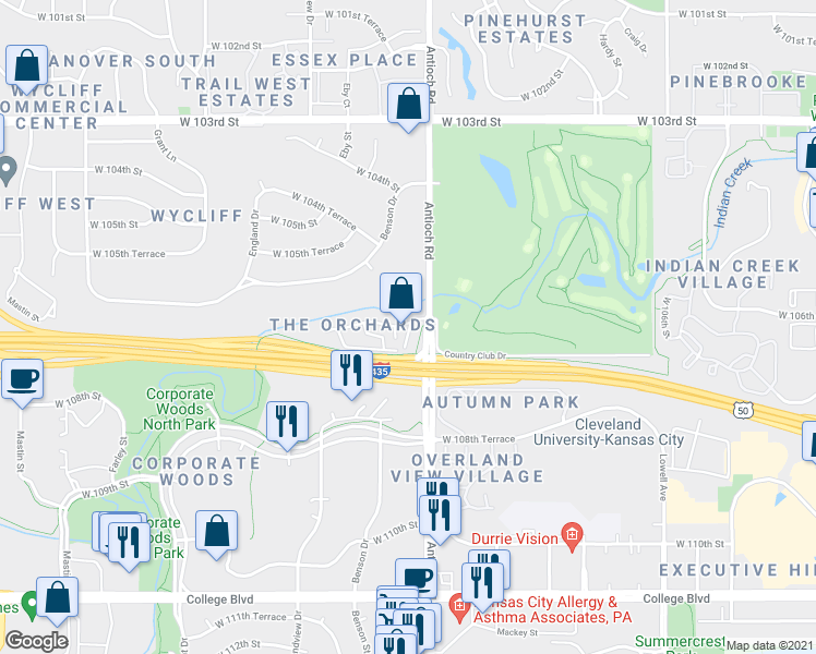 map of restaurants, bars, coffee shops, grocery stores, and more near 8710 West 106th Terrace in Overland Park