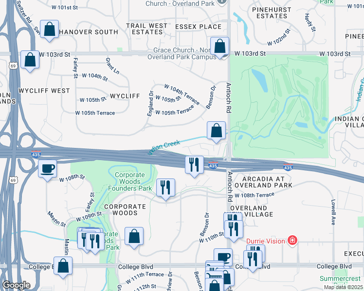 map of restaurants, bars, coffee shops, grocery stores, and more near 8876 West 106th Terrace in Overland Park