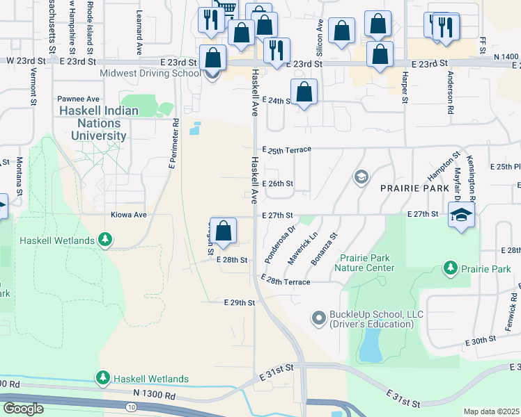 map of restaurants, bars, coffee shops, grocery stores, and more near 1008 East 27th Street in Lawrence