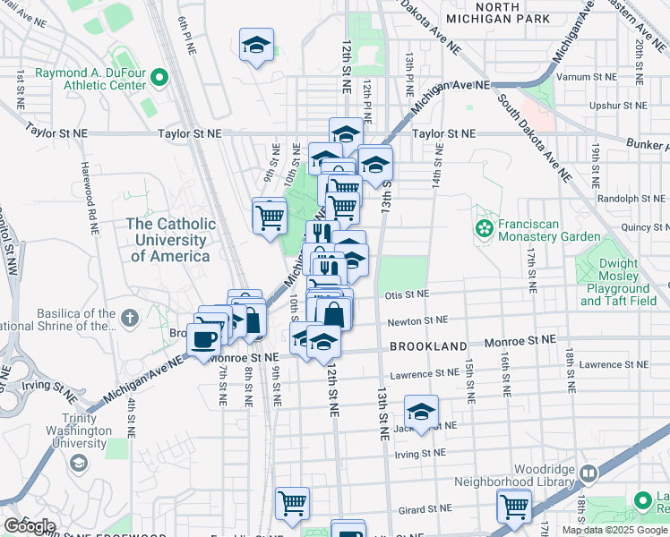 map of restaurants, bars, coffee shops, grocery stores, and more near 3737 12th Street Northeast in Washington