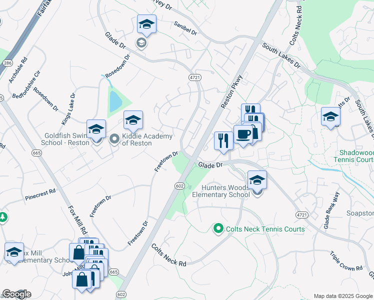map of restaurants, bars, coffee shops, grocery stores, and more near 2341 Freetown Court in Reston