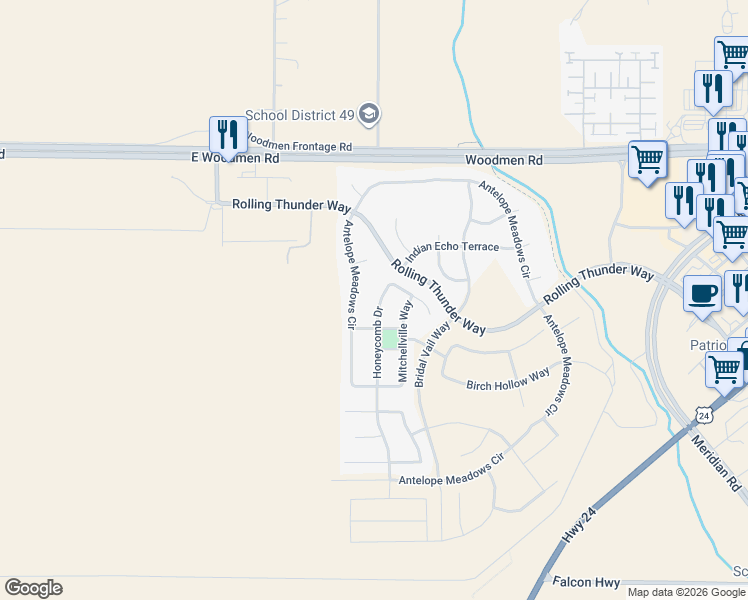 map of restaurants, bars, coffee shops, grocery stores, and more near 7134 Honeycomb Drive in Peyton