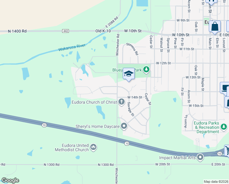 map of restaurants, bars, coffee shops, grocery stores, and more near 1104 West 13th Lane in Eudora