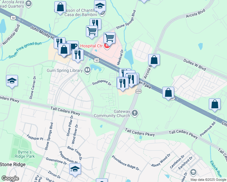 map of restaurants, bars, coffee shops, grocery stores, and more near 24648 Jackalope Terrace in Aldie