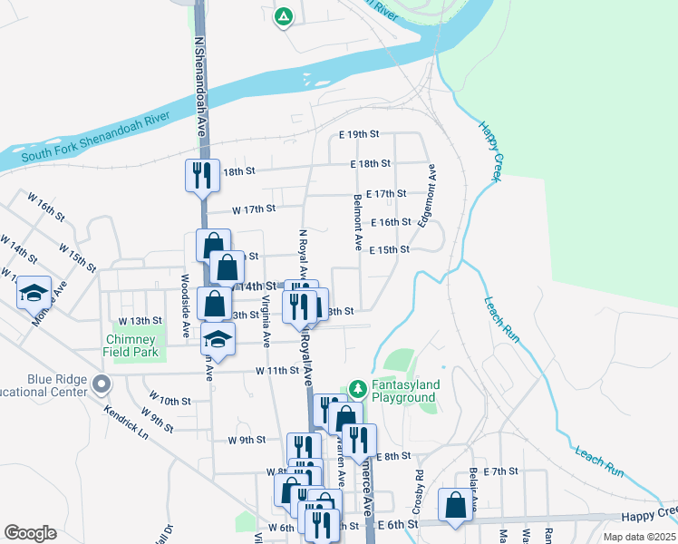 map of restaurants, bars, coffee shops, grocery stores, and more near 1343 Warren Avenue in Front Royal