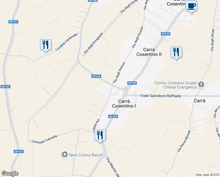 map of restaurants, bars, coffee shops, grocery stores, and more near 1 Via delle Vigne in Carrà Cosentino I