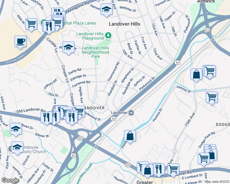 map of restaurants, bars, coffee shops, grocery stores, and more near 6824 Shepherd Street in Hyattsville