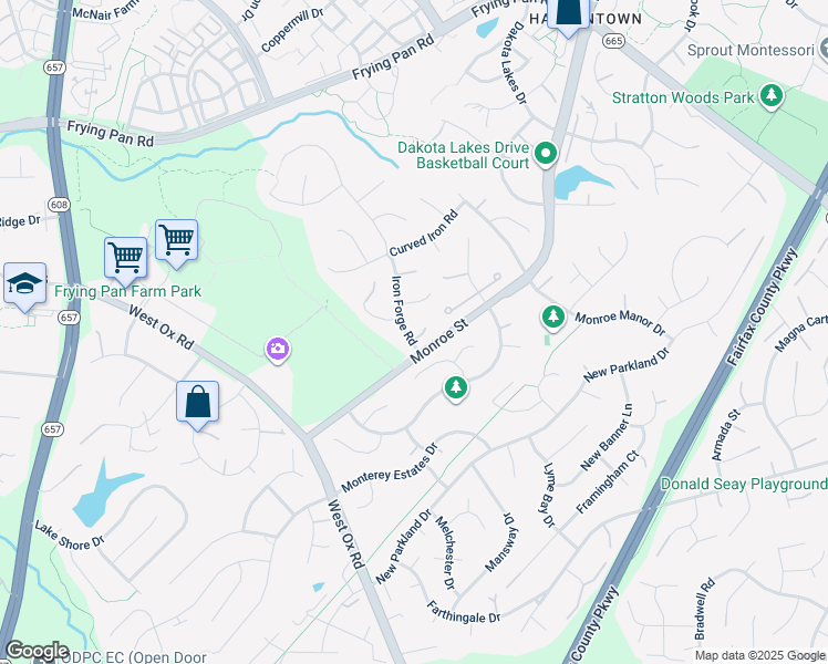 map of restaurants, bars, coffee shops, grocery stores, and more near 2627 Iron Forge Road in Herndon