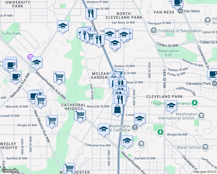 map of restaurants, bars, coffee shops, grocery stores, and more near 3410 38th Street Northwest in Washington