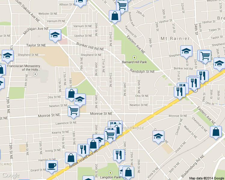 map of restaurants, bars, coffee shops, grocery stores, and more near 3715 22nd Street Northeast in Washington