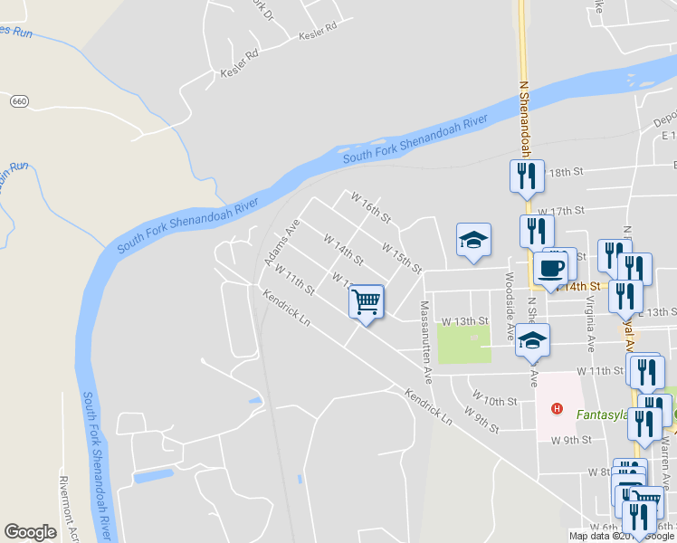map of restaurants, bars, coffee shops, grocery stores, and more near 747 West 13th Street in Front Royal