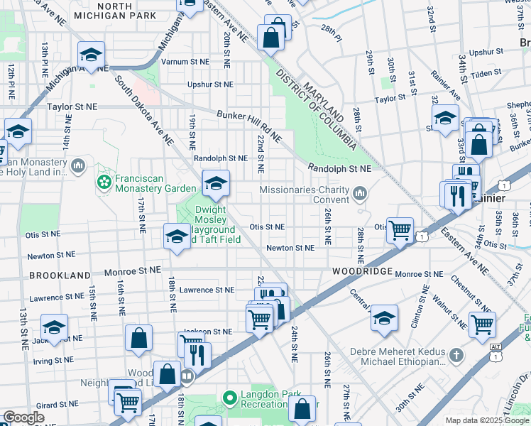 map of restaurants, bars, coffee shops, grocery stores, and more near 3715 22nd Street Northeast in Washington