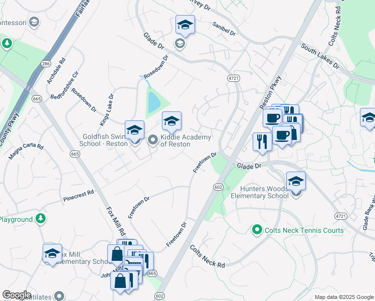 map of restaurants, bars, coffee shops, grocery stores, and more near 2403 Andorra Place in Reston