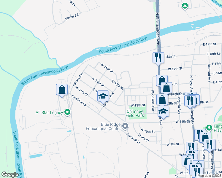 map of restaurants, bars, coffee shops, grocery stores, and more near 709 West 14th Street in Front Royal