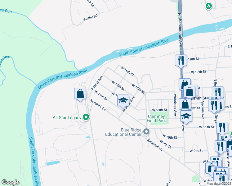 map of restaurants, bars, coffee shops, grocery stores, and more near 747 West 13th Street in Front Royal