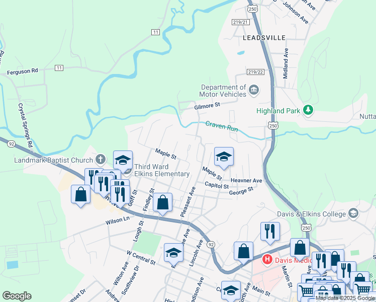 map of restaurants, bars, coffee shops, grocery stores, and more near 470 Baker Street in Elkins