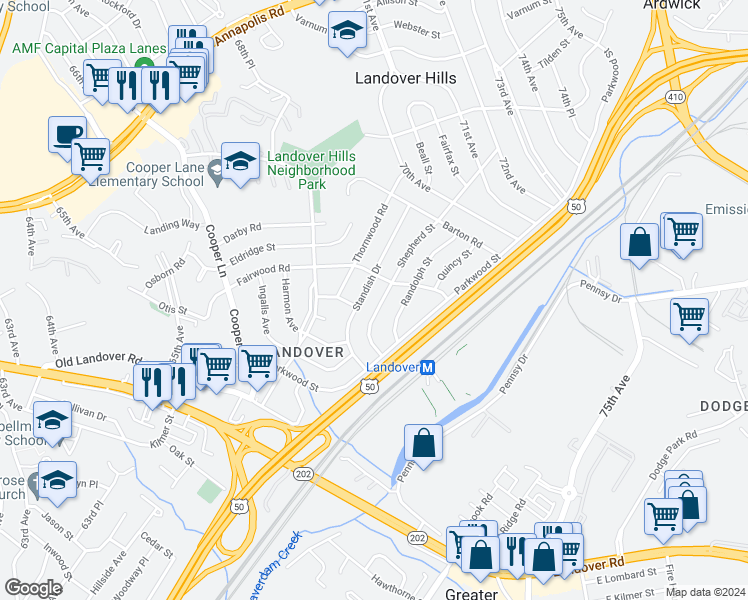 map of restaurants, bars, coffee shops, grocery stores, and more near 6824 Shepherd Street in Hyattsville