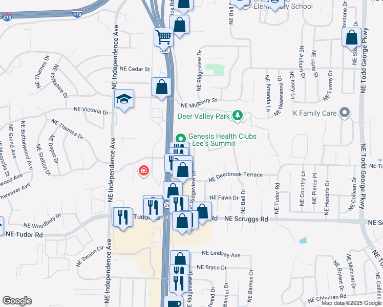 map of restaurants, bars, coffee shops, grocery stores, and more near 1304 Northeast Ridgeview Drive in Lee's Summit