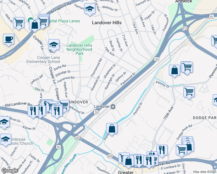map of restaurants, bars, coffee shops, grocery stores, and more near 6815 Randolph Street in Hyattsville