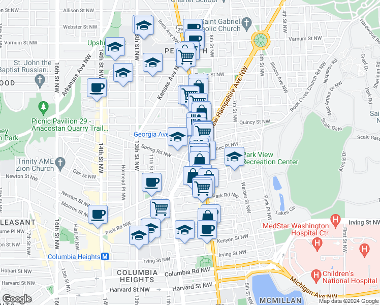 map of restaurants, bars, coffee shops, grocery stores, and more near 4100 Cathedral Avenue Northwest in Washington
