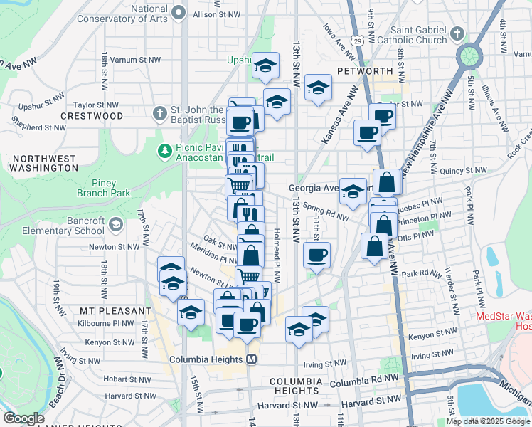 map of restaurants, bars, coffee shops, grocery stores, and more near 1352 Perry Place Northwest in Washington